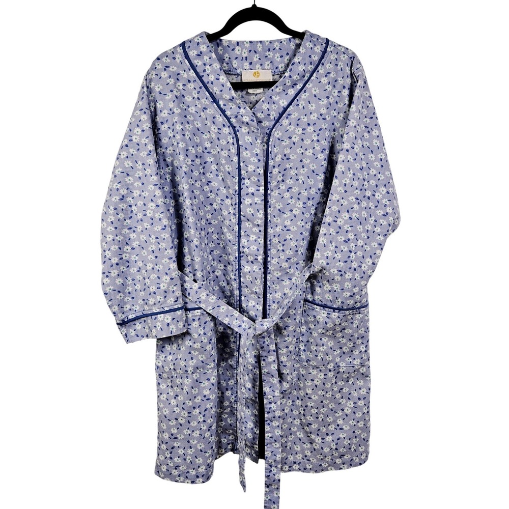 Stan Herman Blue Floral Waffle Knit Button Front Robe Large Cottagecore Grandma